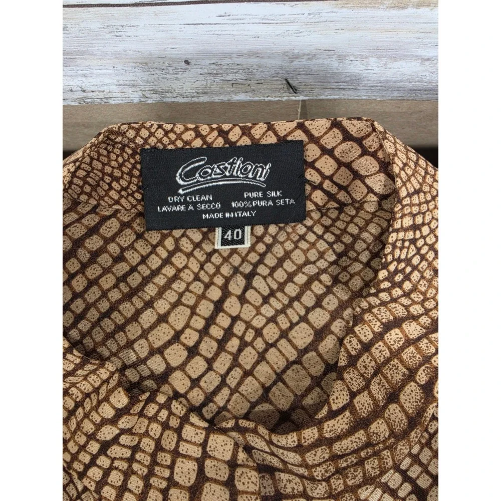 Castioni Italy Silk Blouse Brown Snakeskin Animal Print Mock Neck Sleeveless 40